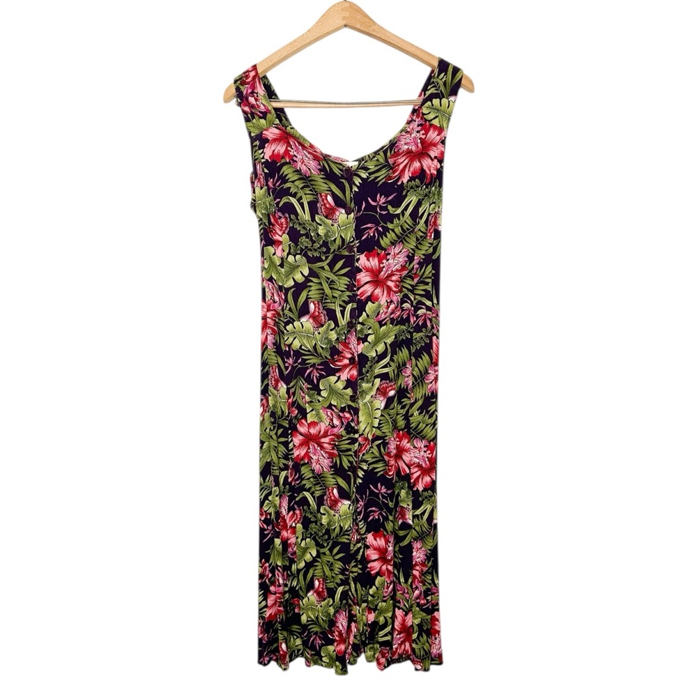 Vintage Erika 90's Sleeveless Tropical Floral Print Knee Length Midi Dress M